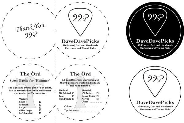 Front and back of labels for the òrd on the left, black and white DaveDavePicks stickers on the right.